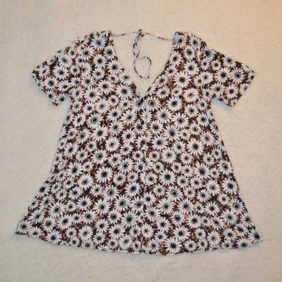 Motel Rocks viscose babydoll grunge daisy blouse, button front deep V back M - Picture 5 of 16
